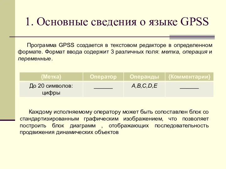 1. Основные сведения о языке GPSS Программа GPSS создается в текстовом