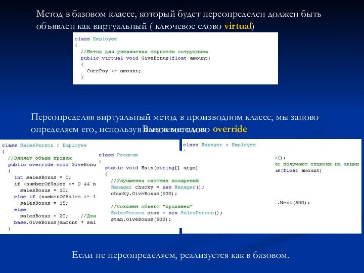 Метод в базовом классе, который будет переопределен должен быть объявлен как