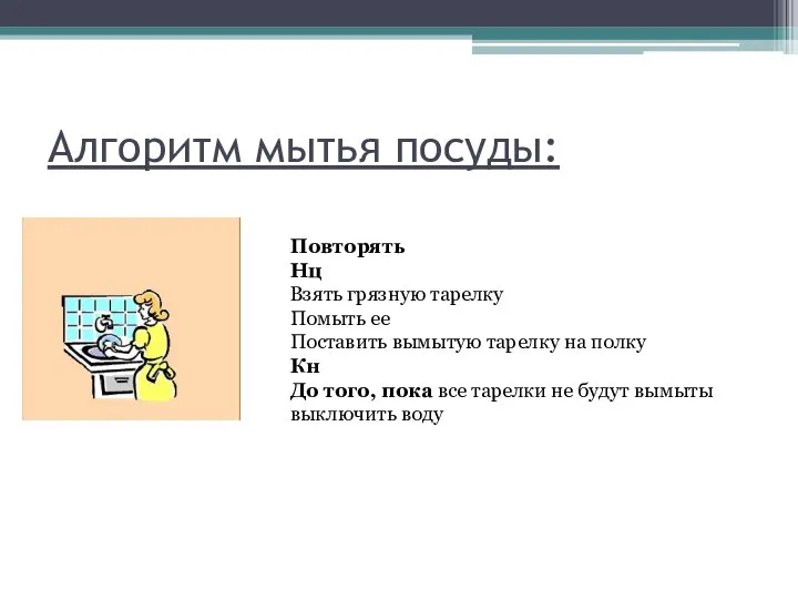 Алгоритм мытья посуды: Повторять Нц Взять грязную тарелку Помыть ее Поставить