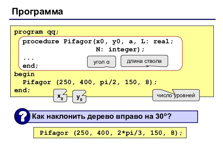 Программа program qq; procedure Pifagor(x0, y0, a, L: real; N: integer);