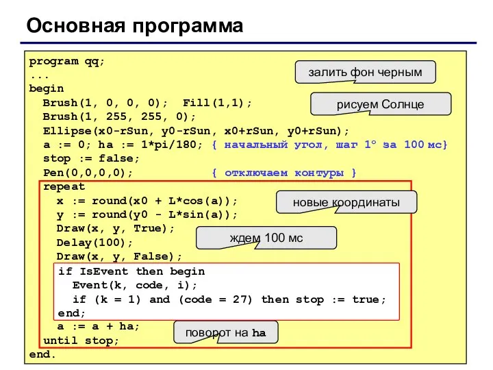 Основная программа program qq; ... begin Brush(1, 0, 0, 0); Fill(1,1);