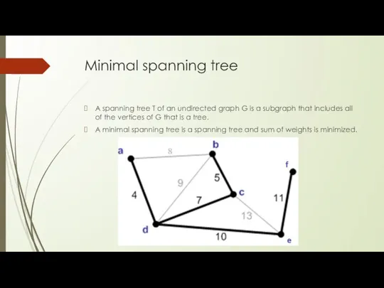 Minimal spanning tree A spanning tree T of an undirected graph