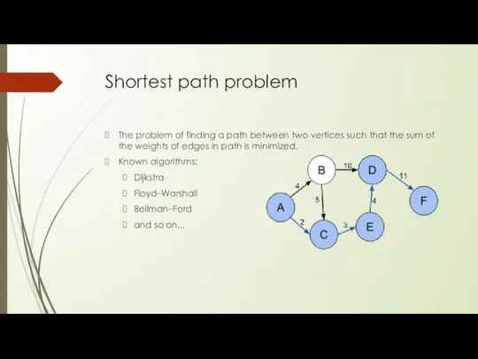 Shortest path problem The problem of finding a path between two