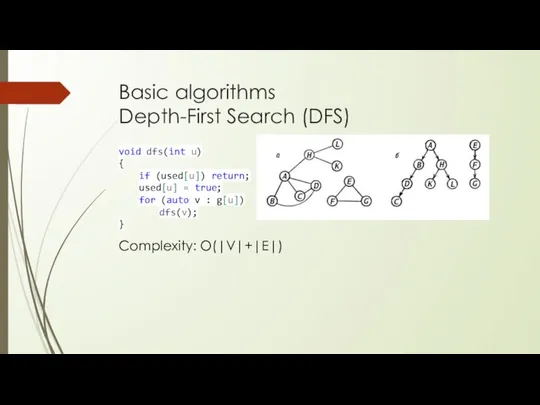 Basic algorithms Depth-First Search (DFS) void dfs(int u) { if (used[u])