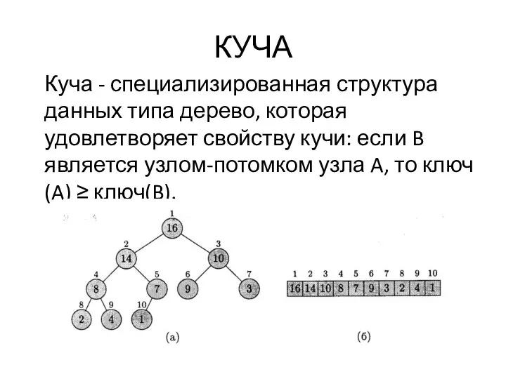 КУЧА Куча - специализированная структура данных типа дерево, которая удовлетворяет свойству