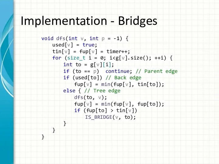 Implementation - Bridges void dfs(int v, int p = -1) {