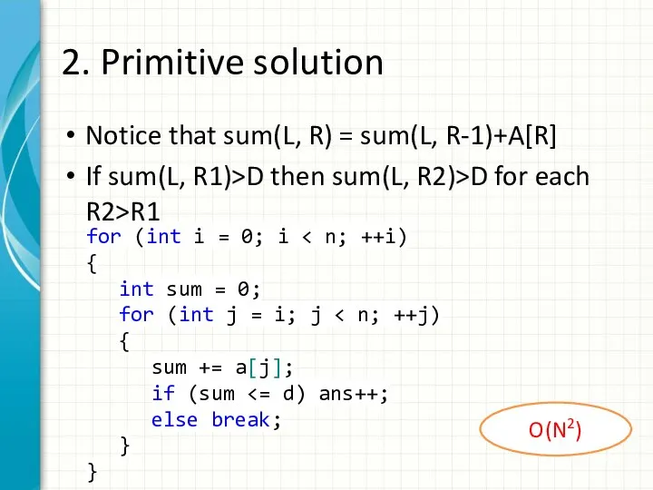 2. Primitive solution Notice that sum(L, R) = sum(L, R-1)+A[R] If