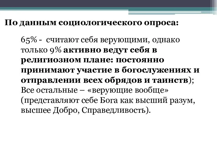 По данным социологического опроса: 65% - считают себя верующими, однако только