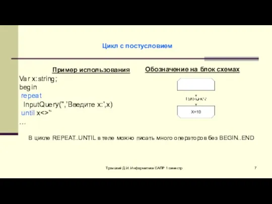 Троицкий Д.И. Информатика САПР 1 семестр Пример использования Var x:string; begin