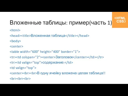 Вложенные таблицы: пример(часть 1) Вложенная таблица Заголовок содержание: В одну ячейку вложена целая таблица!!