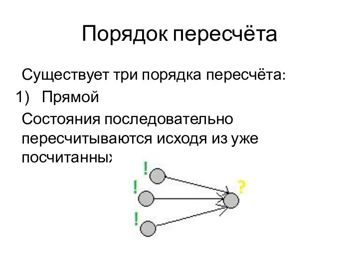 Порядок пересчёта Существует три порядка пересчёта: Прямой Состояния последовательно пересчитываются исходя из уже посчитанных.