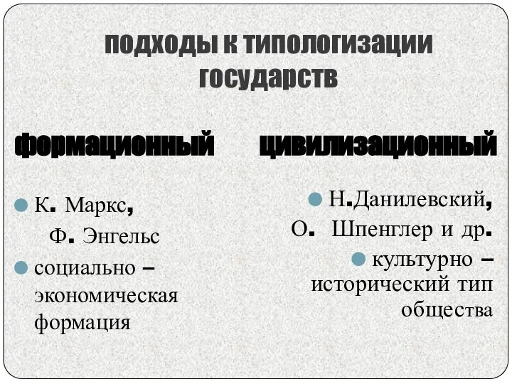 подходы к типологизации государств формационный цивилизационный К. Маркс, Ф. Энгельс социально