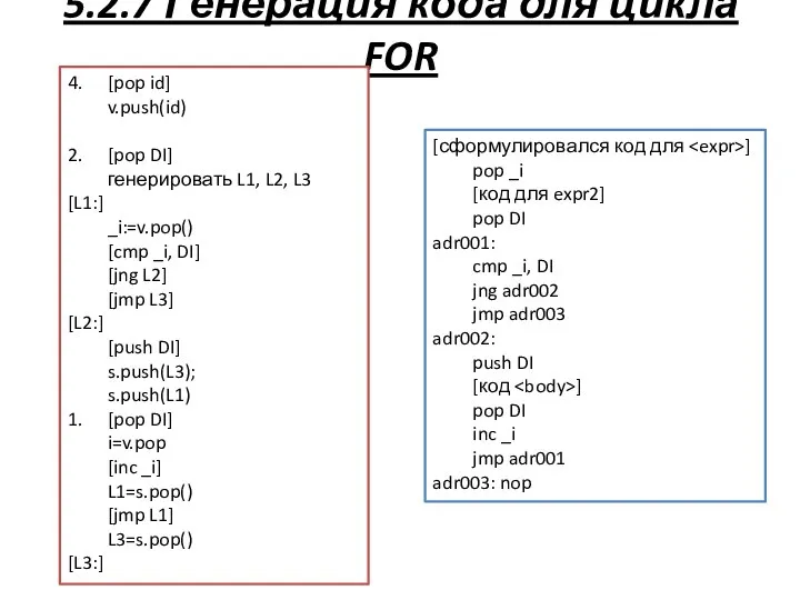 5.2.7 Генерация кода для цикла FOR 4. [pop id] v.push(id) 2.