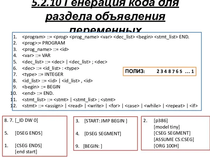 5.2.10 Генерация кода для раздела объявления переменных 2. [p386] [model tiny]