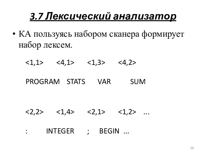 3.7 Лексический анализатор КА пользуясь набором сканера формирует набор лексем. PROGRAM