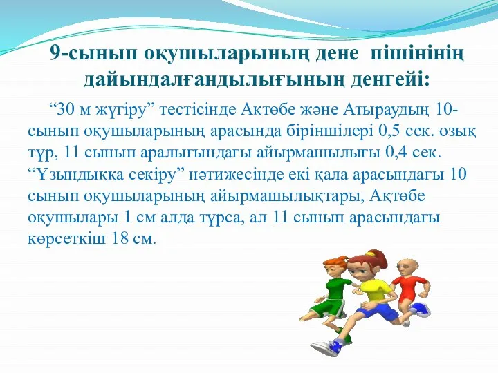 9-сынып оқушыларының дене пішінінің дайындалғандылығының денгейі: “30 м жүгіру” тестісінде Ақтөбе