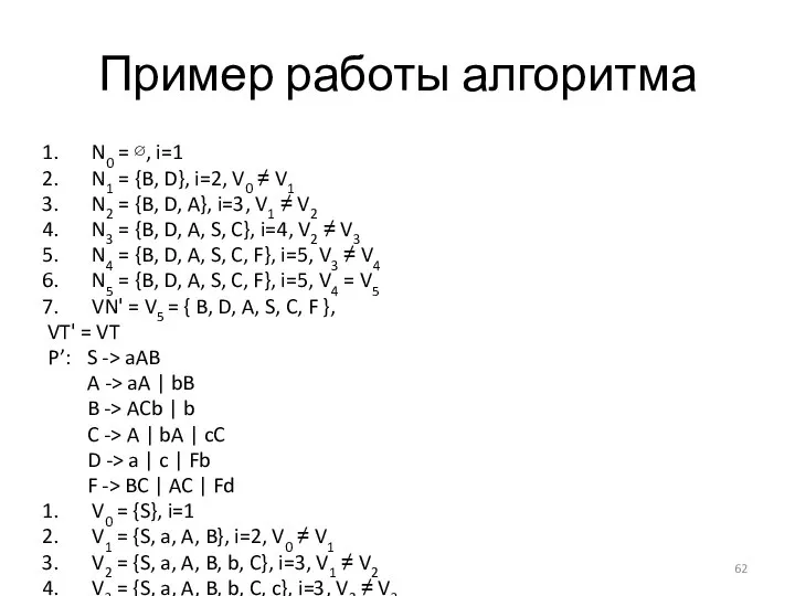 Пример работы алгоритма N0 = ∅, i=1 N1 = {B, D},