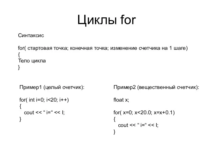 Циклы for Синтаксис for( стартовая точка; конечная точка; изменение счетчика на