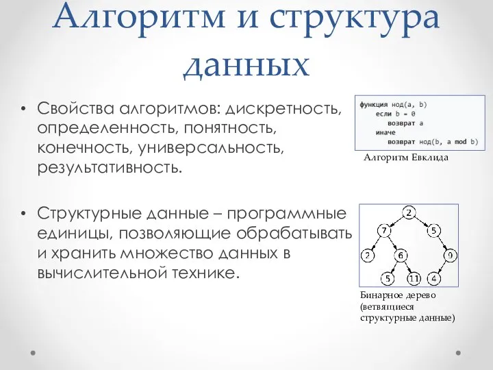 Алгоритм и структура данных Свойства алгоритмов: дискретность, определенность, понятность, конечность, универсальность,