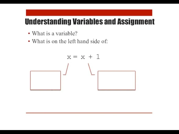 Understanding Variables and Assignment What is a variable? What is on