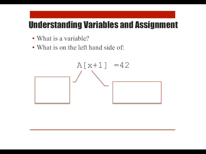 Understanding Variables and Assignment What is a variable? What is on