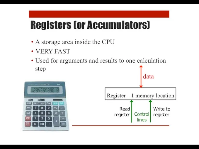 Registers (or Accumulators) Control lines A storage area inside the CPU