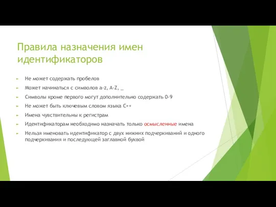 Правила назначения имен идентификаторов Не может содержать пробелов Может начинаться с