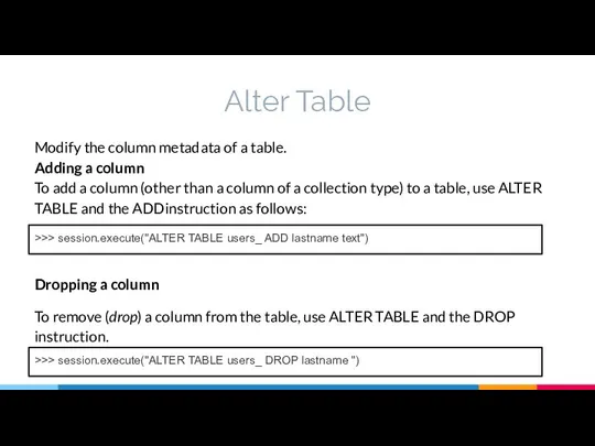 Alter Table Modify the column metadata of a table. Adding a