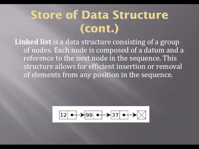 Store of Data Structure (cont.) Linked list is a data structure