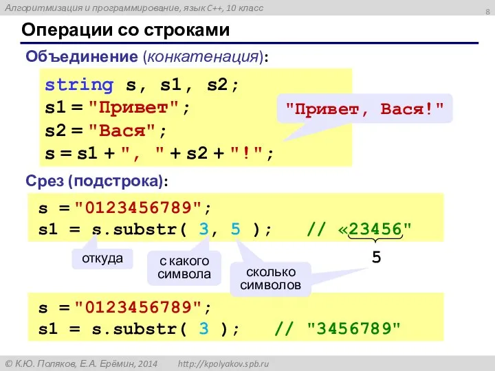 s = "0123456789"; s1 = s.substr( 3 ); // "3456789" Операции