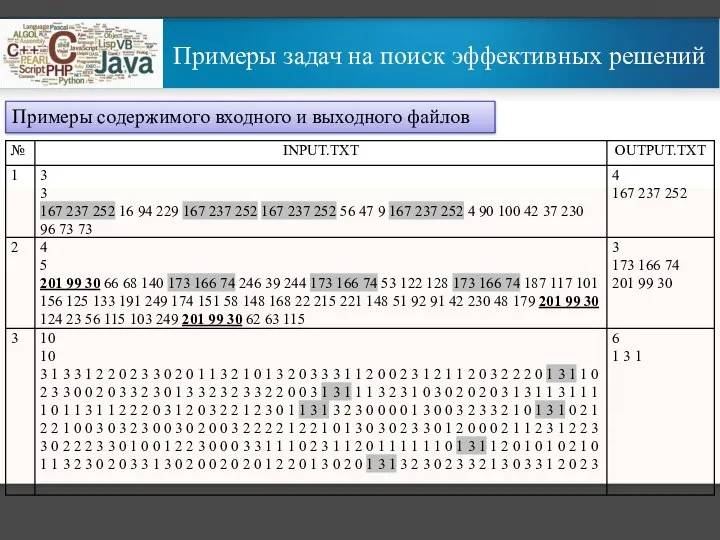 Примеры задач на поиск эффективных решений Примеры содержимого входного и выходного файлов