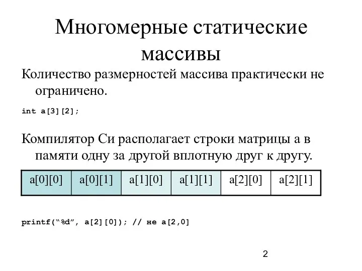 Многомерные статические массивы Количество размерностей массива практически не ограничено. int a[3][2];