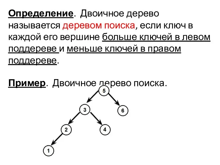 Определение. Двоичное дерево называется деревом поиска, если ключ в каждой его