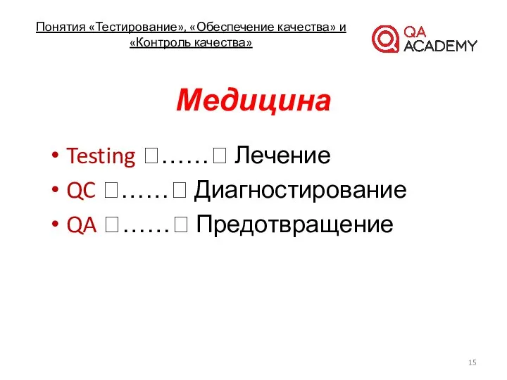 Понятия «Тестирование», «Обеспечение качества» и «Контроль качества» Медицина Testing ?……? Лечение