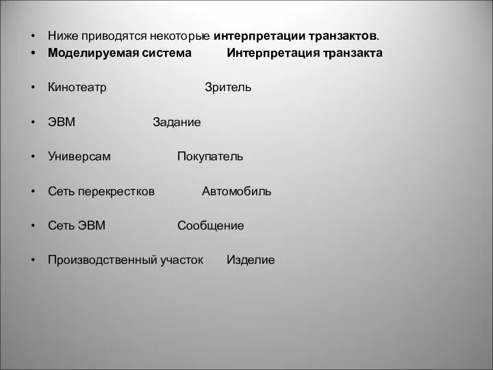 Ниже приводятся некоторые интерпретации транзактов. Моделируемая система Интерпретация транзакта Кинотеатр Зритель