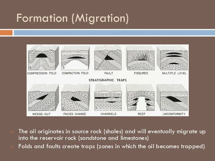 Formation (Migration) The oil originates in source rock (shales) and will