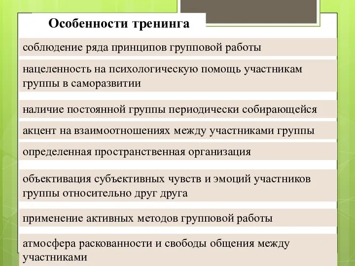 Особенности тренинга соблюдение ряда принципов групповой работы нацеленность на психологическую помощь