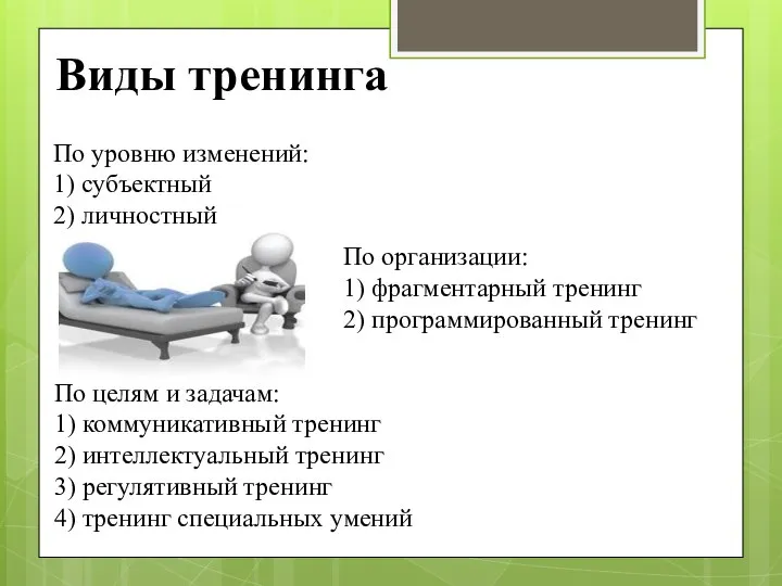 Виды тренинга По уровню изменений: 1) субъектный 2) личностный По организации: