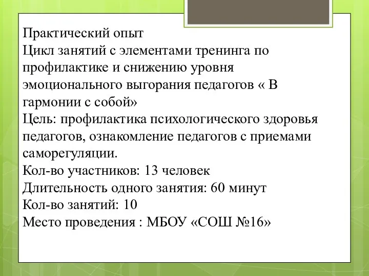 Практический опыт Цикл занятий с элементами тренинга по профилактике и снижению