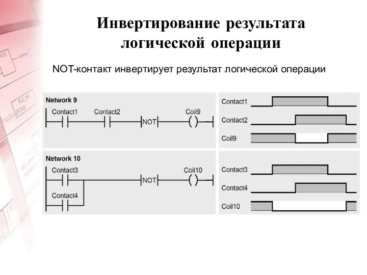 Инвертирование результата логической операции NOT-контакт инвертирует результат логической операции