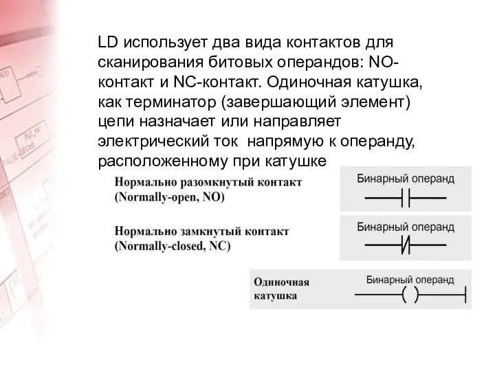 LD использует два вида контактов для сканирования битовых операндов: NO-контакт и