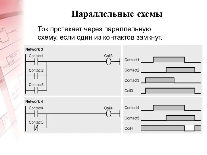 Параллельные схемы Ток протекает через параллельную схему, если один из контактов замкнут.