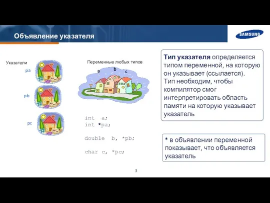 Объявление указателя pa Тип указателя определяется типом переменной, на которую он