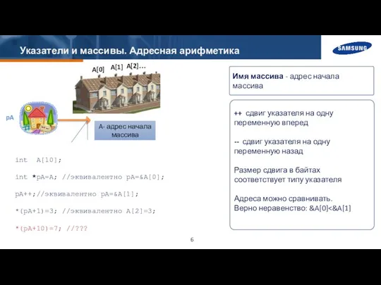 Указатели и массивы. Адресная арифметика pA int A[10]; int *pA=A; //эквивалентно