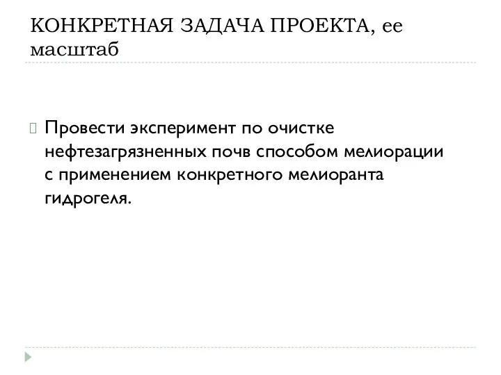 КОНКРЕТНАЯ ЗАДАЧА ПРОЕКТА, ее масштаб Провести эксперимент по очистке нефтезагрязненных почв