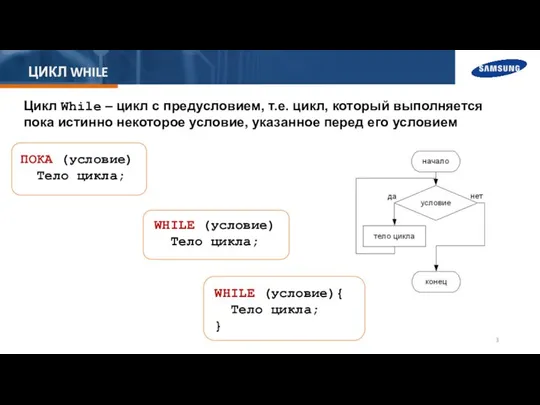 ЦИКЛ WHILE Цикл While – цикл с предусловием, т.е. цикл, который