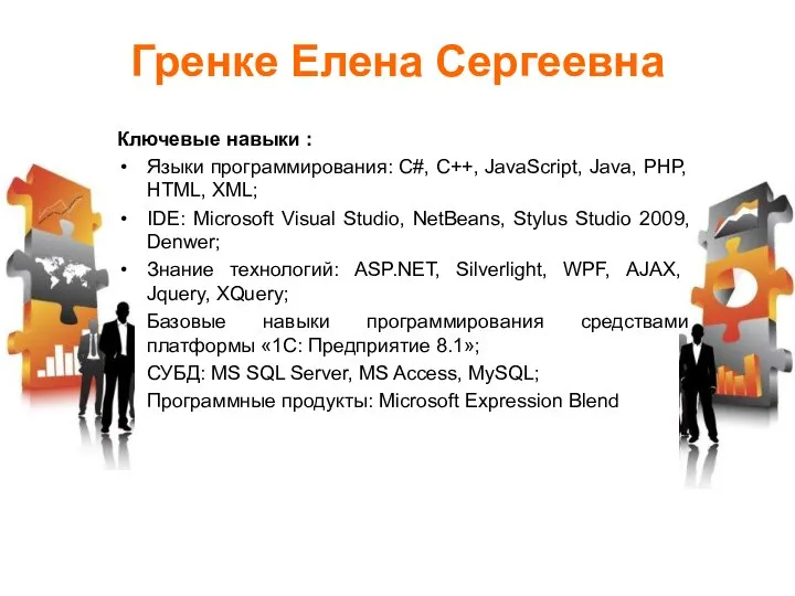 Гренке Елена Сергеевна Ключевые навыки : Языки программирования: С#, C++, JavaScript,