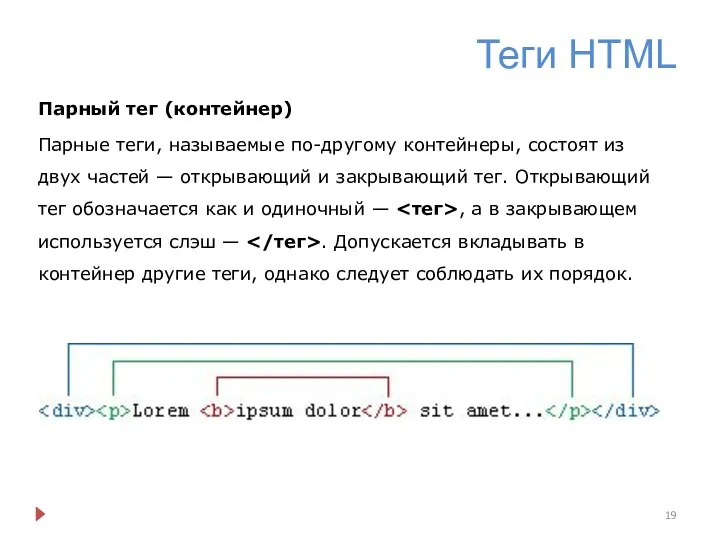 Теги HTML Парный тег (контейнер) Парные теги, называемые по-другому контейнеры, состоят