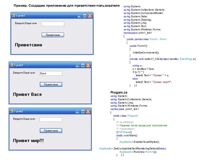 Пример. Создадим приложение для приветствия пользователя using System; using System.Collections.Generic; using