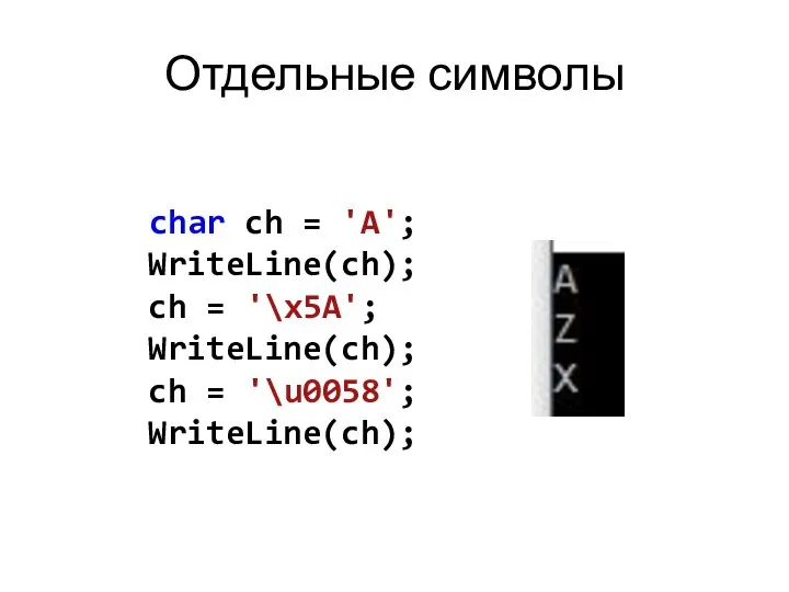 Отдельные символы char ch = 'A'; WriteLine(ch); ch = '\x5A'; WriteLine(ch); ch = '\u0058'; WriteLine(ch);